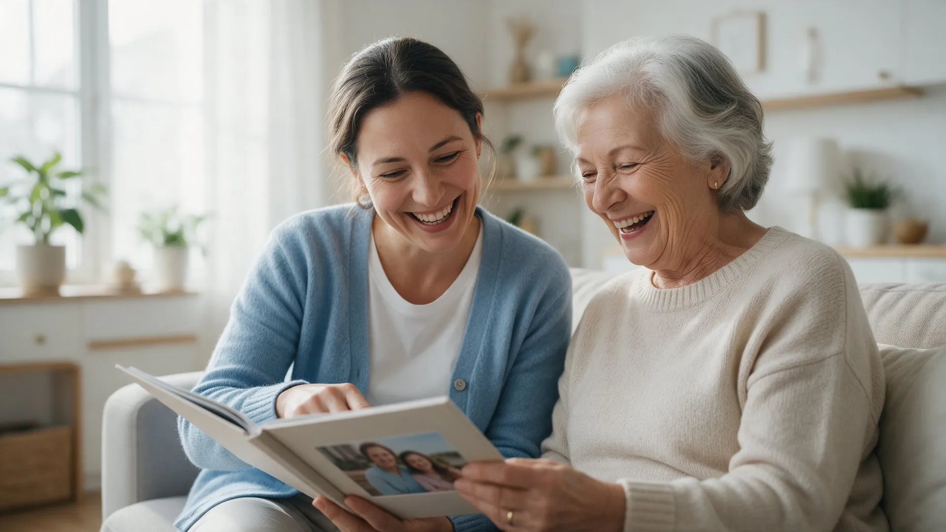 A caregiver and an older woman laughing together over a photo album at home
