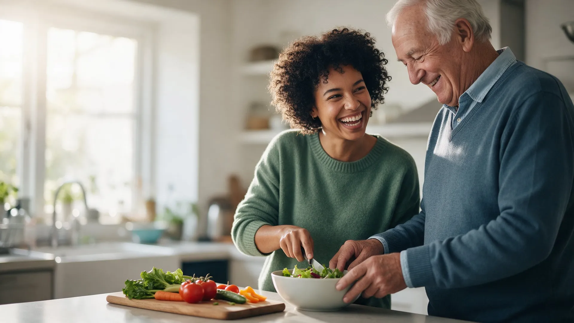 A caregiver and an older man preparing a simple meal together in a home kitchen