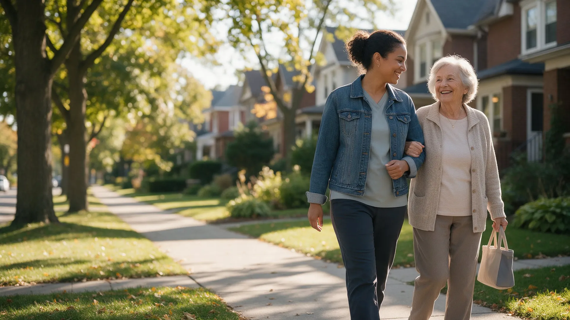 A caregiver walking arm in arm with an older woman on a sunny neighborhood street